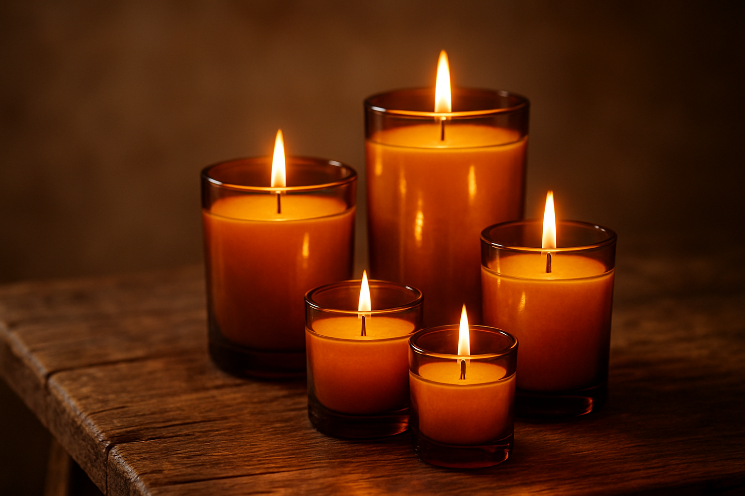 Amber glass candles lit and arranged on a rustic tabletop