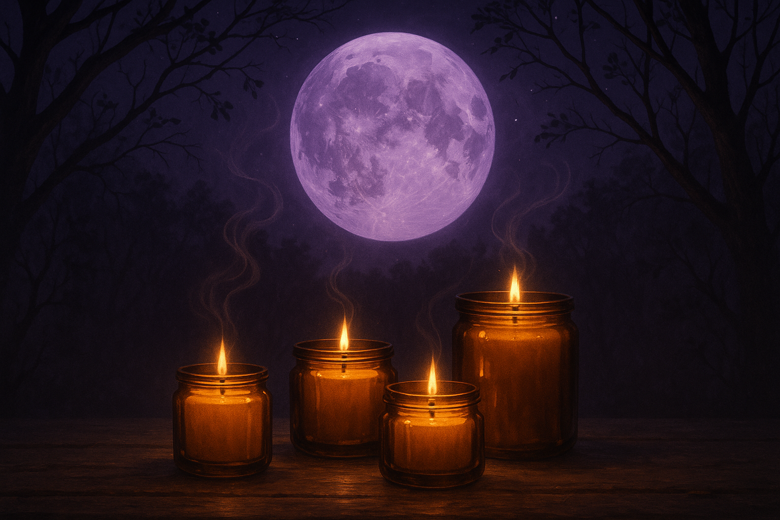 amber glass candles under a lavender moon with tree branches